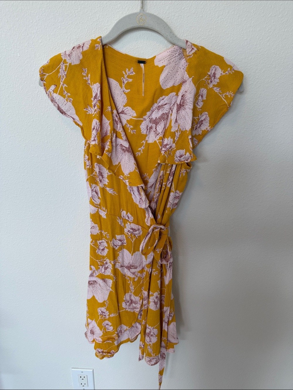 Free People Mustard Yellow Floral Wrap Mini Dress with Pink Print